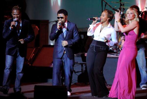 From left, Ryan Shaw, Musiq Soulchild, Chrisette Michele and Natasha Bedingfield perform at 'Sounds of Change,' the Grammy foundation's 10th annual music preservation project in Los Angeles. Musiq Soulchild and Chrisette Michelle will share the stage again at the Mable House Barnes Amphitheatre on Aug. 20.