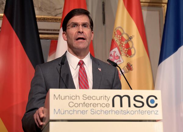 U.S. Secretary of Defense Mark Esper speaks during a news conference at the Munich Security Conference.