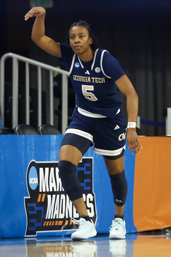 Georgia Tech guard Tonie Morgan (5) gestures after making a three point basket during the first half against Richmond in the first round of the NCAA college basketball tournament, Friday, March 21, 2025, in Los Angeles. (AP Photo/Jessie Alcheh)