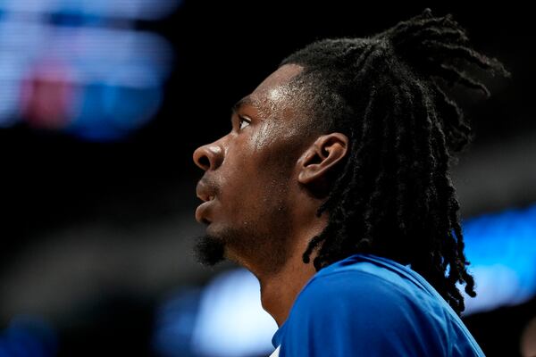 Creighton guard Jamiya Neal (5) watches play against Louisville during the first half in the first round of the NCAA college basketball tournament, Thursday, March 20, 2025, in Lexington, Ky. (AP Photo/Brynn Anderson)