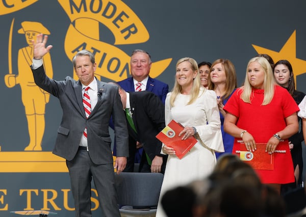 Gov. Brian Kemp waves to his supporters during his inauguration at Georgia State University Convocation Center  on Thursday, January 12, 2023.  (Natrice Miller/natrice.miller@ajc.com) 