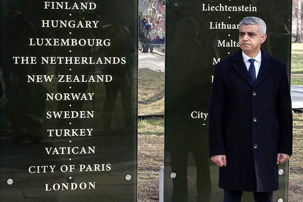 Mayor of London Sadiq Khan attends commemorations Monday marking the 75th anniversary of the liberation of the Auschwitz Nazi death camp in Oswiecim, Poland.