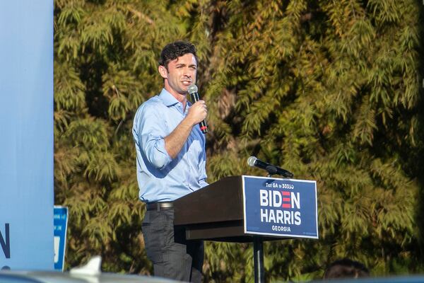 10/23/2020 - Atlanta, Georgia - Democratic U.S. Senate candidate Jon Ossoff speaks during a drive-in rally for Democratic vice presidential nominee Kamala Harris in the parking lot at Ray Charles Performing Arts Center on the Morehouse campus in the College Town at West End community of Atlanta, Friday, October 23, 2020.  (Alyssa Pointer / Alyssa.Pointer@ajc.com)