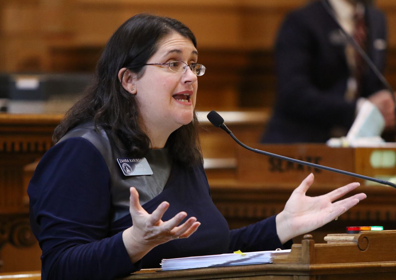 3/7/19 - Atlanta  - Zahra Karinshak, senator of district 48, presents SB 58, her first bill, at the Georgia State Capitol in Atlanta, Georgia on Thursday, March 7, 2019.  EMILY HANEY / emily.haney@ajc.com