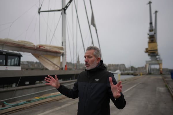 Grain de Sail general manager Jacques Barreau gestures during an interview with Associated Press, in Saint Malo, western France, Nov. 8, 2024. (AP Photo/Thibault Camus)