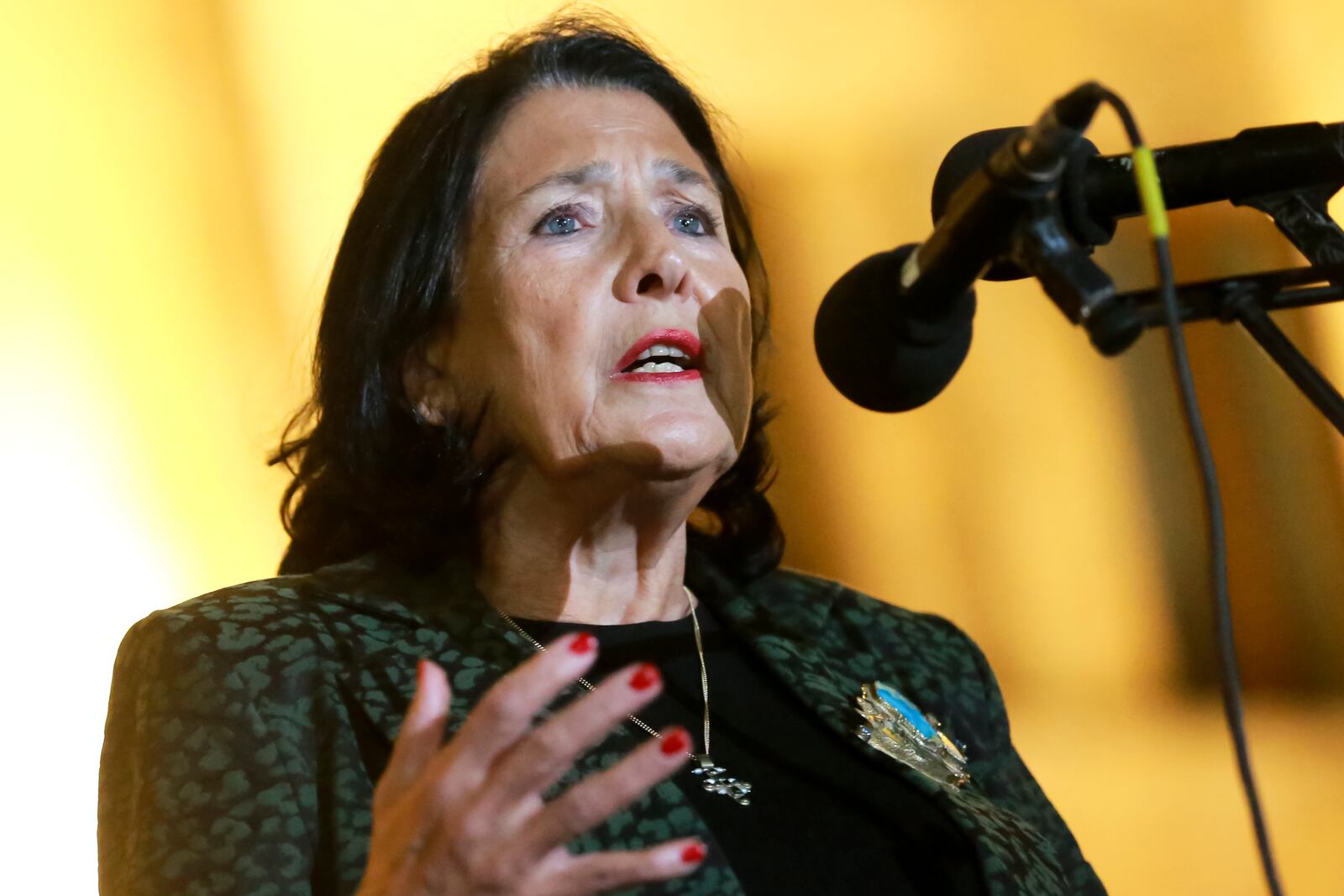 Georgian President Salome Zourabichvili speaks to a crowd during an opposition protest against the results of the parliamentary election in Tbilisi, Georgia, Monday, Oct. 28, 2024. (AP Photo/Zurab Tsertsvadze)