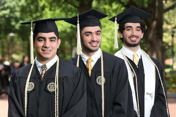 050522 Atlanta, Ga: The Kashlan triplets Adam (from left), Zane and Rommi and Zane are graduating together at Georgia Tech shown on campus Thursday, May 5, 2022, in Atlanta. They shared valedictorians from West Forsyth High School in 2019. (Jason Getz / Jason.Getz@ajc.com)