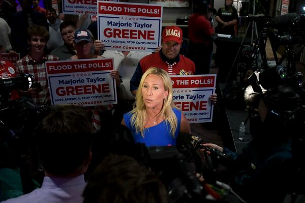 U.S. Rep. Marjorie Taylor Greene speaks to media Tuesday in Rome after notching an easy win in the 14th Congressional District's GOP primary. (Daniel Varnado/For the Atlanta Journal-Constitution)