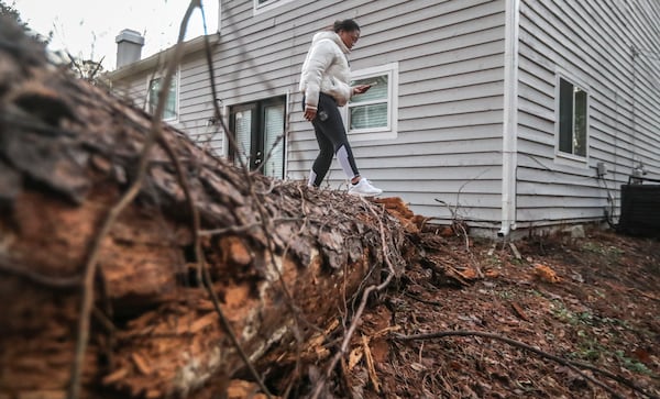 The fallen tree brought down drywall and sent insulation flying through the DeKalb County home. (John Spink / John.Spink@ajc.com)