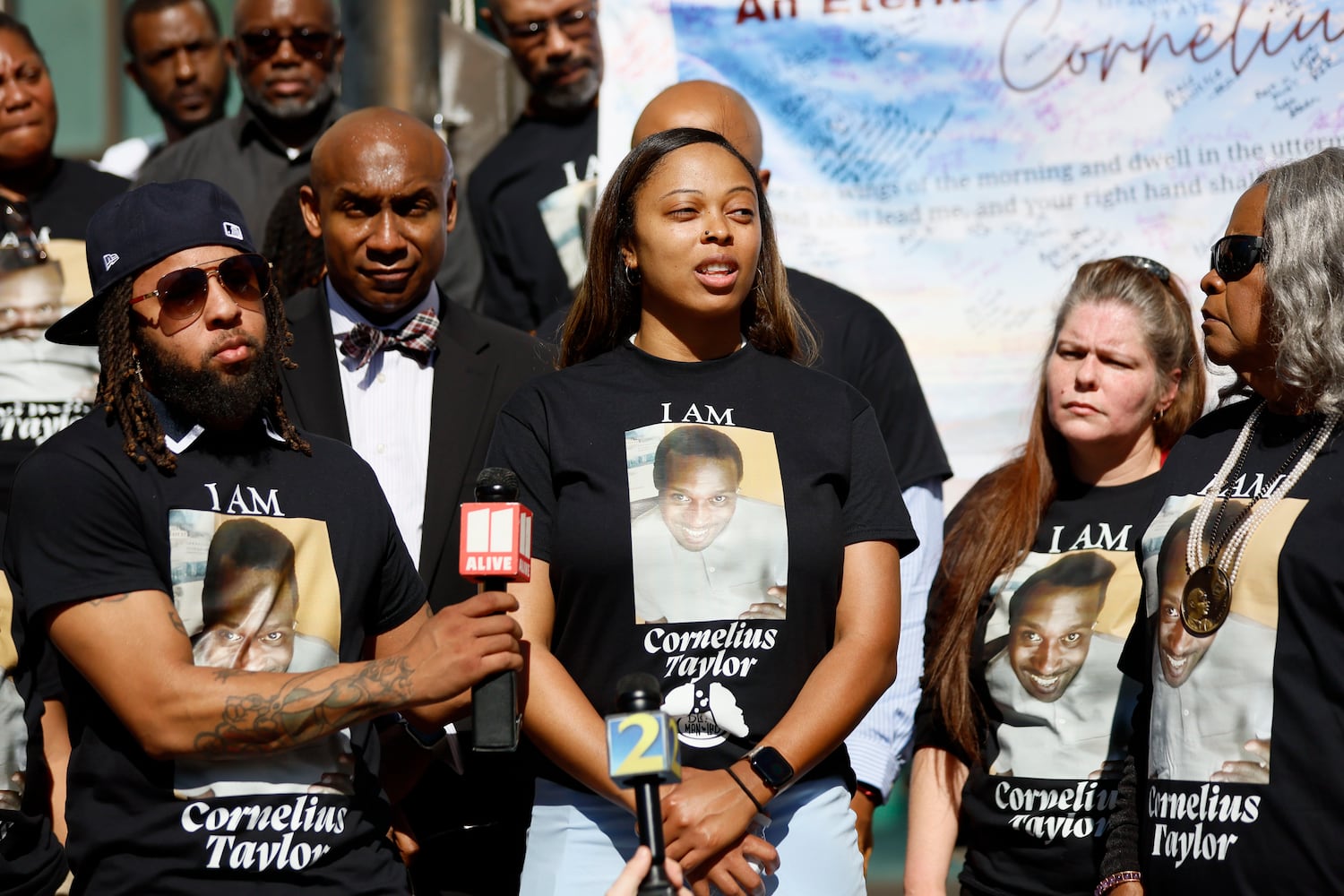 After the procession arrived at Atlanta City Hall, Darlene Chaney, cousin of Cornelius Taylor, speaks on Monday, February 3, 2025.
(Miguel Martinez/ AJC)