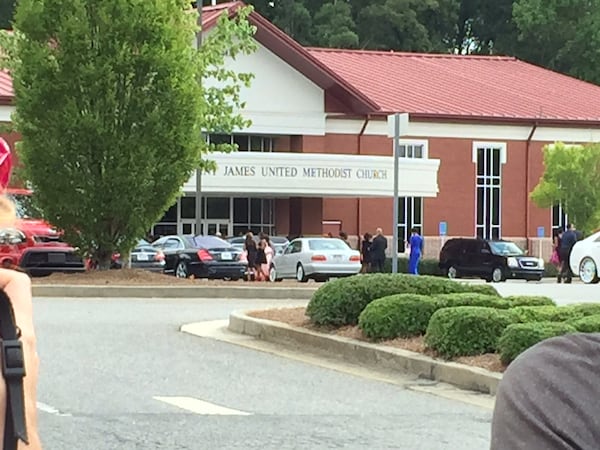 The St. James United Methodist Church this morning where a private funeral was held for Bobbi Kristina Brown. CREDIT: Rodney Ho/rho@ajc.com