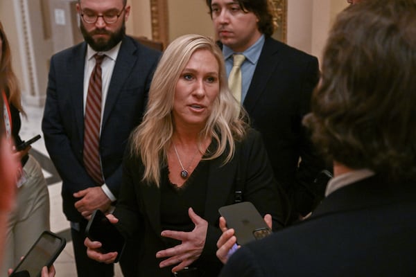 Rep. Marjorie Taylor Greene (R-Ga.) speaks with reporters on Capitol Hill in Washington, on Wednesday, Jan. 4, 2023. (Kenny Holston/The New York Times)