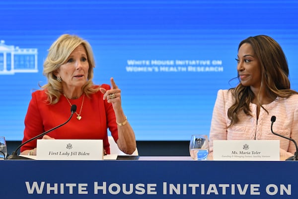 First Lady Jill Biden speaks as Maria Toler (right), Founding and Managing Partner of SteelSky Ventures, looks on during Atlanta Listening Session on Women’s Health Research at Coda at Tech Square, Wednesday, February 7, 2024, in Atlanta. (Hyosub Shin / Hyosub.Shin@ajc.com)