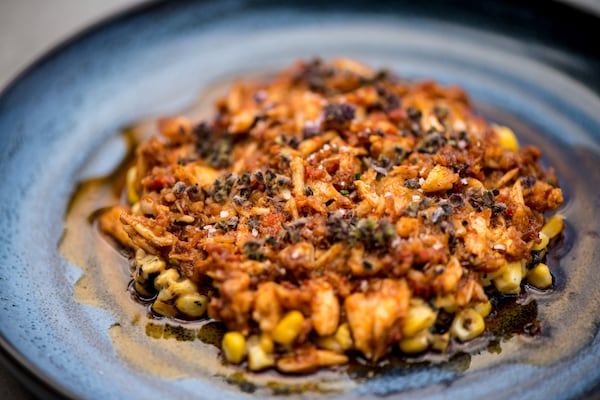 Charred Corn, Crab Nduja, and African Blue Basil. Photo credit- Mia Yakel.