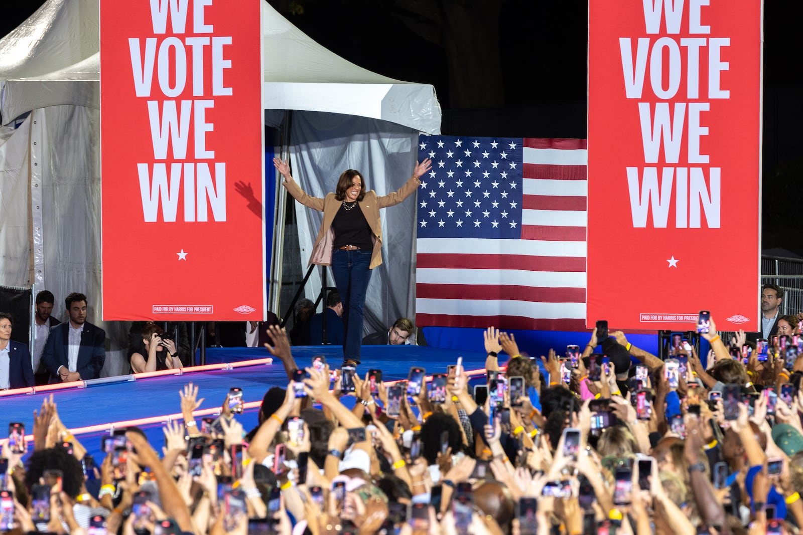 Democratic presidential candidate Kamala Harris walks out to her campaign rally at James R. Hallford Stadium in Clarkston on Thursday, October 24, 2024. (Arvin Temkar / AJC)