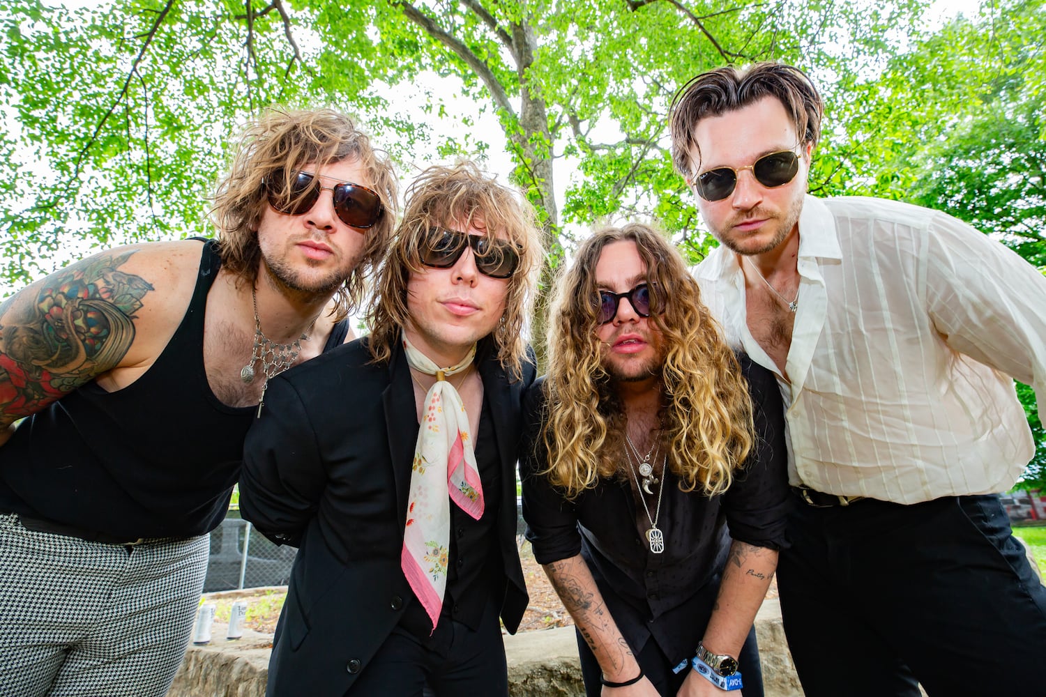 Atlanta, Ga: The Struts pose backstage before they take the stage on Sunday at Shaky Knees. Photo taken May 5, 2024 at Central Park, Old 4th Ward. (RYAN FLEISHER FOR THE ATLANTA JOURNAL-CONSTITUTION)