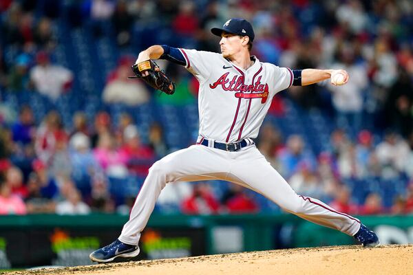 Atlanta Braves' Max Fried pitches during the third inning of a baseball game against the Philadelphia Phillies, Thursday, Sept. 22, 2022, in Philadelphia. (AP Photo/Matt Slocum)