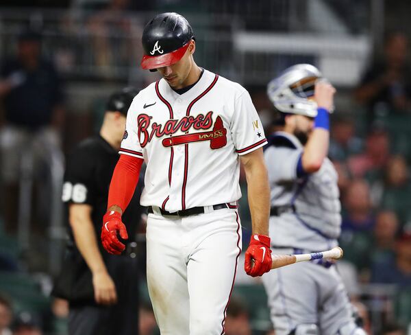 Braves first baseman Matt Olson reacts to striking out to New York Mets starting pitcher Max Scherzer for the third time during the seventh inning. Olson struck out four times going 0-4 for the night during a 4-1 series-opening loss to the Mets.   “Curtis Compton / Curtis Compton@ajc.com”