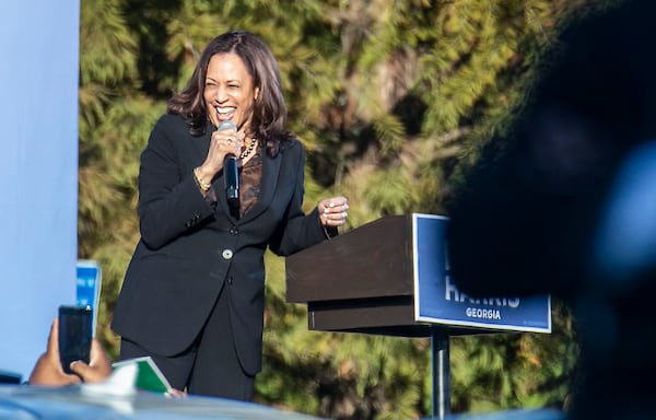 Georgia has not voted for a Democratic candidate for president since 1992, but the party is making a strong play for the state this year, with an Atlanta Journal-Constitution poll showing former Vice President Joe Biden deadlocked with President Donald rump. Democratic vice presidential candidate Kamala Harris, shown at a rally at Morehouse College, campaigned in Atlanta on Friday. Biden will be in Atlanta and Warm Springs on Tuesday.  (Alyssa Pointer / Alyssa.Pointer@ajc.com)