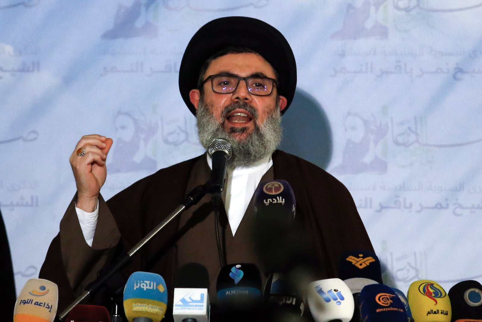 FILE - Senior Hezbollah leader Hashem Safieddine speaks during a conference for Saudi opposition in the southern Beirut suburb of Dahiyeh, Lebanon, Wednesday, Jan. 12, 2022. (AP Photo/Bilal Hussein, File)