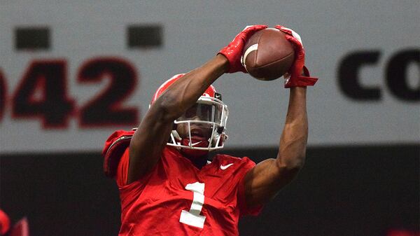 Georgia wide receiver George Pickens (1) during the Bulldogs’ practice session for the Chick-fil-A Peach Bowl Monday, Dec. 28, 2020, in Athens. (Tony Walsh/UGA Sports)