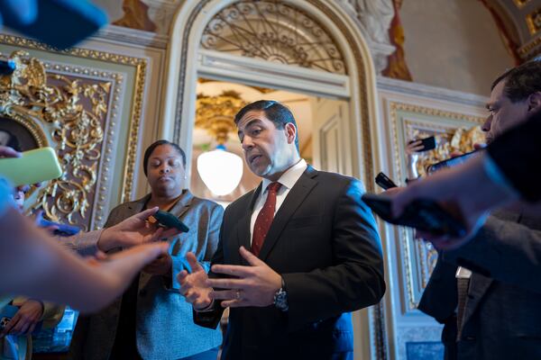 Sen. George Helmy, D-N.J., pauses to speak with reporters asking about the upcoming lame-duck period, after he presided at a pro-forma session at the Capitol in Washington, Friday, Nov. 8, 2024. (AP Photo/J. Scott Applewhite)