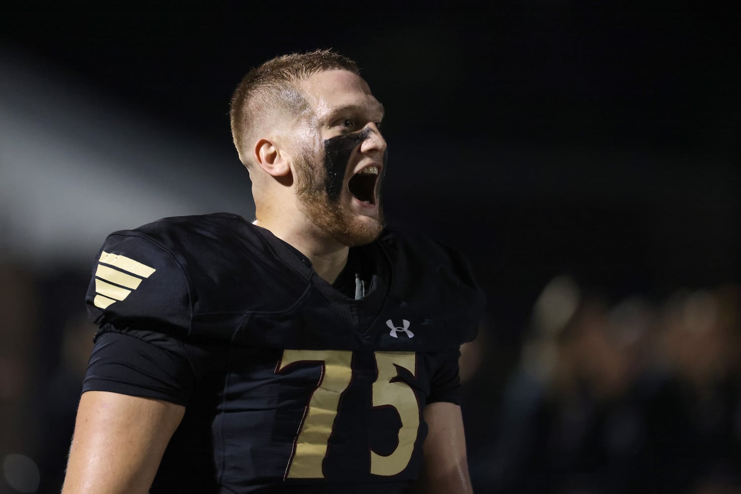 Sept. 24, 2021 - Johns Creek, Ga: Johns Creek offensive lineman Tyler Gibson (75) reacts to a play during the second half against Riverwood at Johns Creek high school Friday, September 24, 2021 in Johns Creek, Ga.. Johns Creek won 40-32. JASON GETZ FOR THE ATLANTA JOURNAL-CONSTITUTION