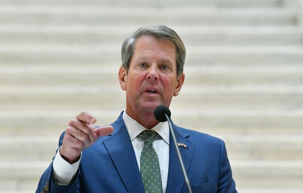 August 19, 2020 Atlanta - Governor Brian Kemp speaks during a press conference to provide update on efforts to combat human trafficking in Georgia at the Georgia State Capitol building on Wednesday, August 19, 2020. (Hyosub Shin / Hyosub.Shin@ajc.com)