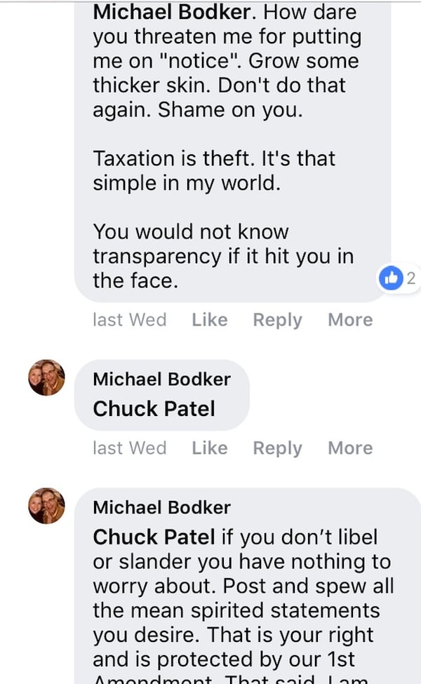 Screengrab of Mayor Mike Bodker mixing it up with a critic on Facebook.