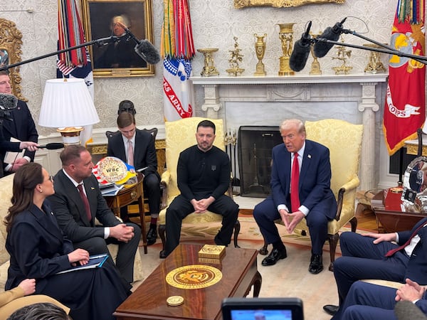 President Donald Trump meets with Ukraine President Volodymyr Zelenskyy in the Oval Office at the White House in Washington, Friday, Feb. 28, 2025. (AP Photo/Mstyslav Chernov)