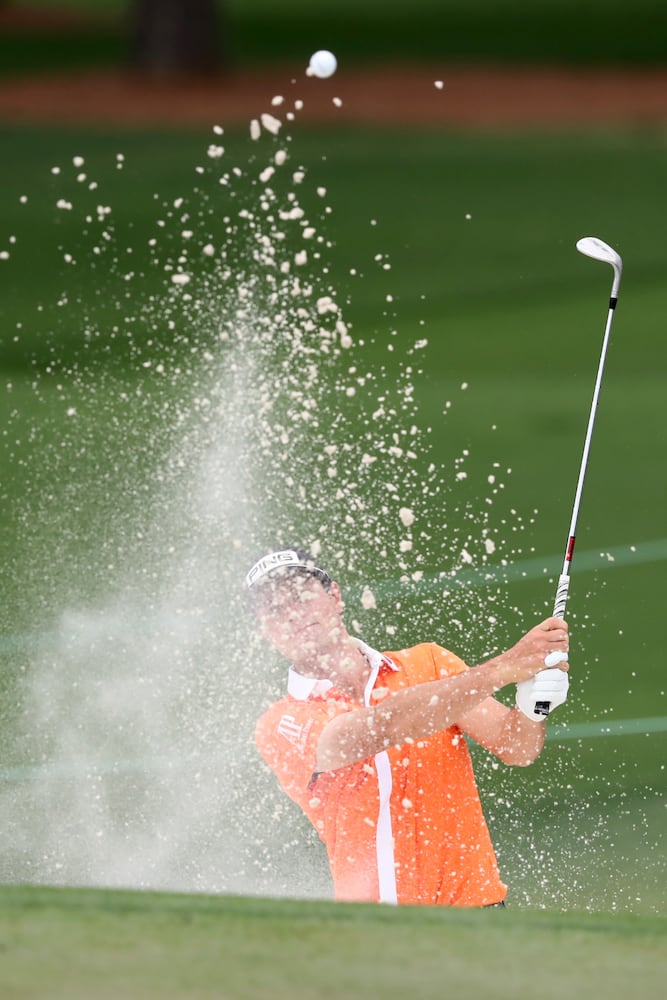 April 10, 2021, Augusta: Viktor Hovland hits out of the bunker on the second hole during the third round of the Masters at Augusta National Golf Club on Saturday, April 10, 2021, in Augusta. Curtis Compton/ccompton@ajc.com