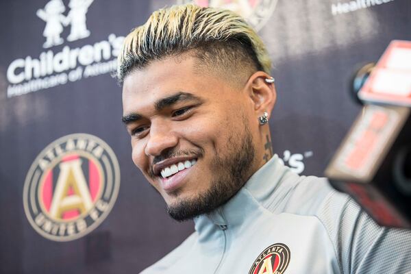 Atlanta United forward Josef Martinez (7) speaks with members of the media following a training with the team Monday, Jan. 13, 2020, at the Children's Healthcare of Atlanta Training Ground in Marietta.