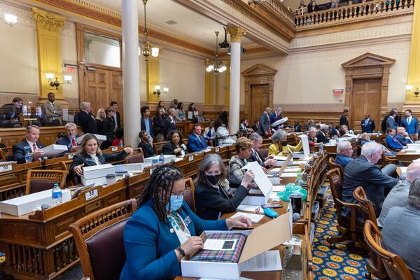 State senators settle into their seats on the first day of the Georgia General Assembly in Atlanta on Jan. 9, 2023. (Arvin Temkar/The Atlanta Journal-Constitution)