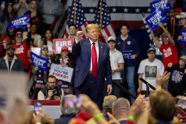 Former president and Republican presidential candidate Donald Trump leaves the stage following a campaign rally at Winthrop Coliseum in Rock Hill, South Carolina on Friday, February 23, 2024, a day before the South Carolina primary. (Arvin Temkar / arvin.temkar@ajc.com)