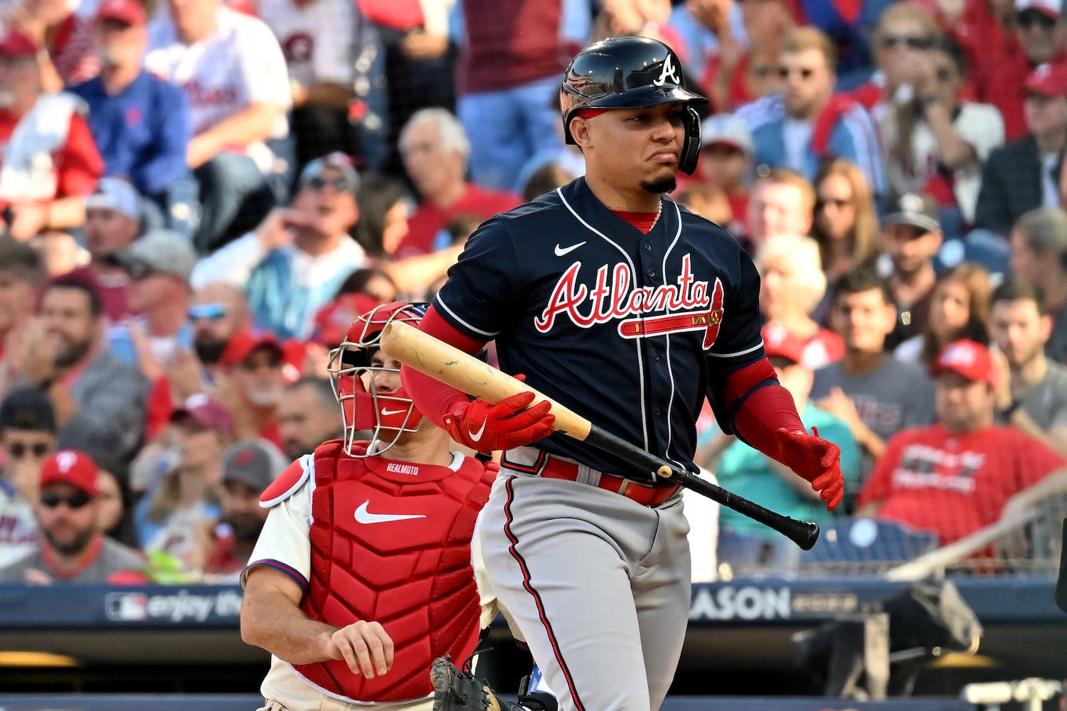 Atlanta's William Contreras strikes out during the fifth inning Saturday in Game 4 of the NLDS against the host Phillies. (Hyosub Shin / Hyosub.Shin@ajc.com)