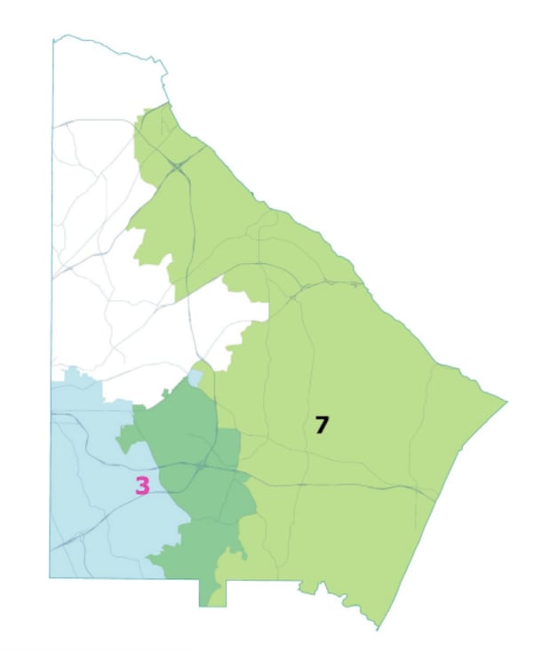 DeKalb residents who live in the area shaded dark green will not have any representation on the DeKalb County Board of Commission until a special election is held in November.