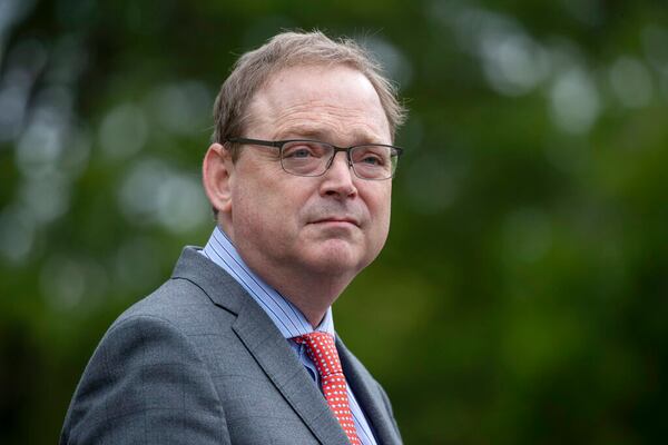 White House senior adviser Kevin Hassett speaks with reporters at the White House, Thursday, May 14, 2020, in Washington. (AP Photo/Alex Brandon)