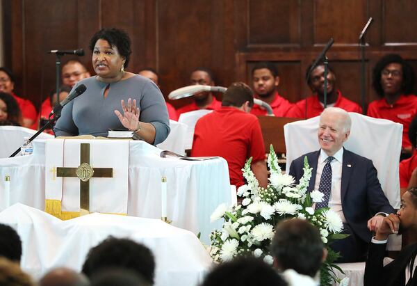 March 1, 2020 Selma: Former candidate for governor Stacey Abrams speaks at Brown Chapel African Methodist Episcopal Church with Joe Biden, Former United States Vice-President and Democrat candidate for President looking on during Selma's re-enactment of Bloody Sunday on Sunday, March 1, 2020, in Selma.  Curtis Compton ccompton@ajc.com