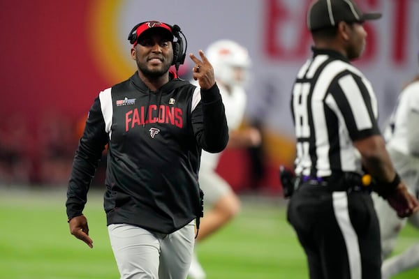 East head coach and Atlanta Falcons special teams coordinator Marquice Williams during the first half of the East-West Shrine Bowl NCAA college football game Thursday, Feb. 2, 2023, in Las Vegas. (AP Photo/John Locher)