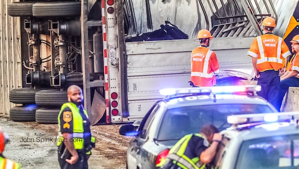 An overturned cattle hauler is blocking the ramp from I-285 South to I-20 East, according to the WSB 24-hour Traffic Center.