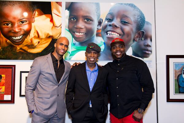 (L to R) Shaine Smith (Former NFL Athlete), Jim Hill (Mosaic Artist), and Antonio Eldermire (Former NFL Athlete) at the opening of Hill's gallery exhibit. Image credit: Shahlayo Ranson.