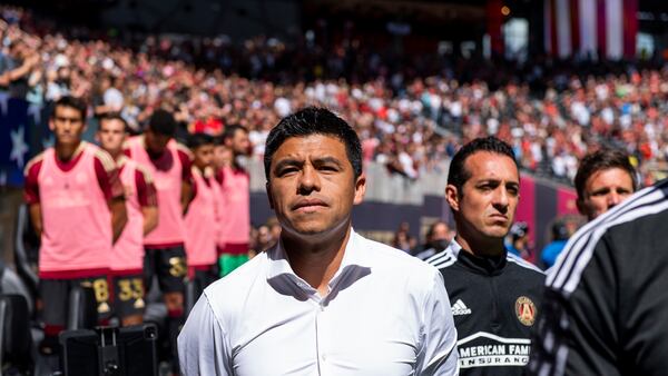 Atlanta United head coach Gonzalo Pineda looks on before the match against Nashville Saturday, Aug. 28, 2021, at Mercedes-Benz Stadium in Atlanta. (Jacob Gonzalez/Atlanta United)