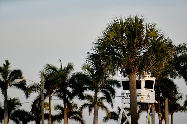 A police lookout booth is positioned among the palm trees along the perimeter of the president's residence at Mar-a-Lago in Palm Beach, Fla.