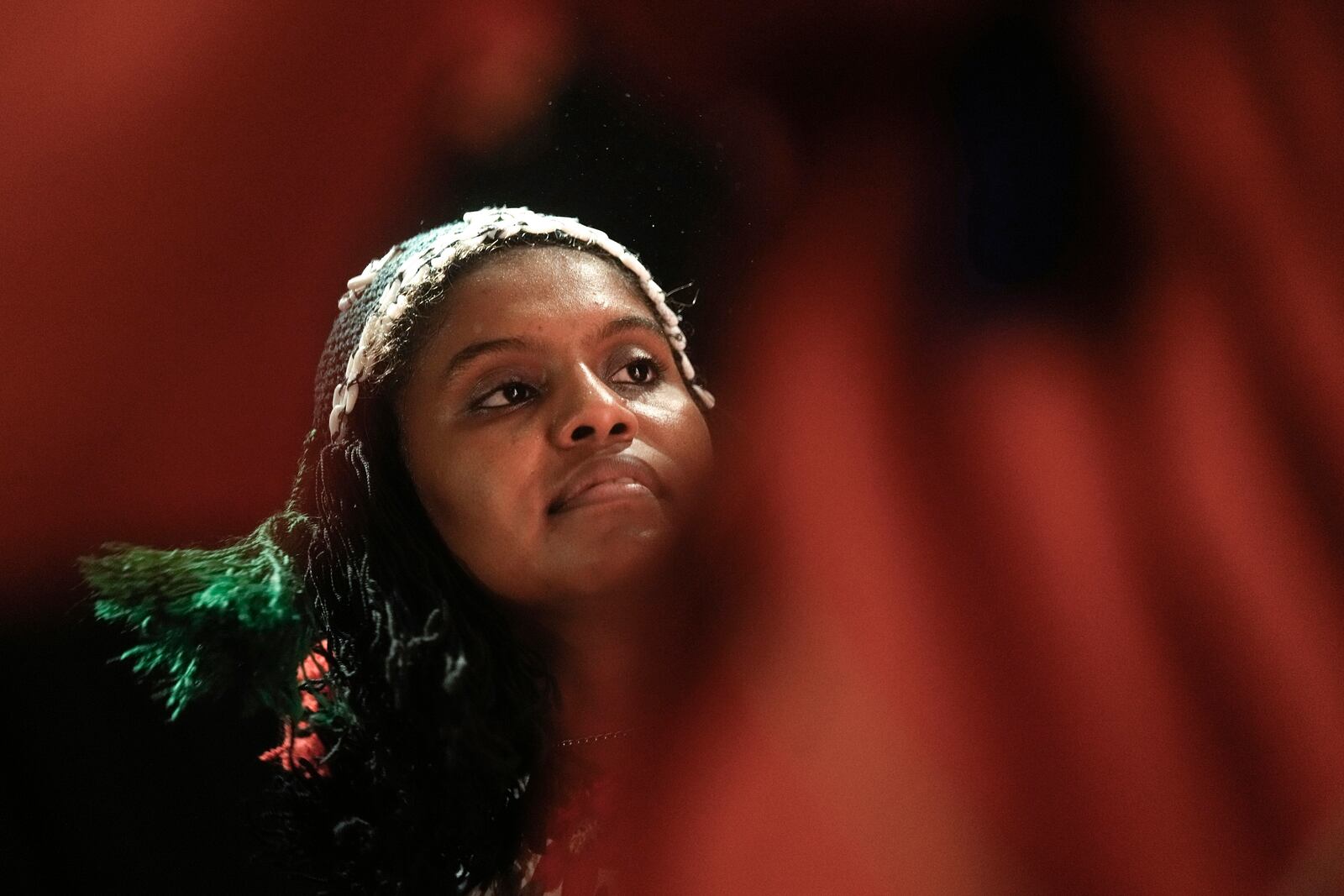 Sudanese Camirata troupe dancer Fatma Farid, 21, whose aunt was killed in 2023 when an explosive fell on their house in al-Obeid, the capital of North Kordofan, performs at the Italian culture center in Cairo, Egypt, Wednesday, July 24, 2024. (AP Photo/Amr Nabil)