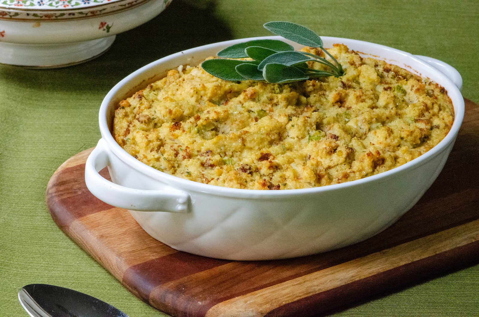 Whole-Grain Herb Cornbread Dressing is packed with vegetables and herbs for a healthy Thanksgiving side dish. 
(Virginia Willis for The Atlanta Journal-Constitution)