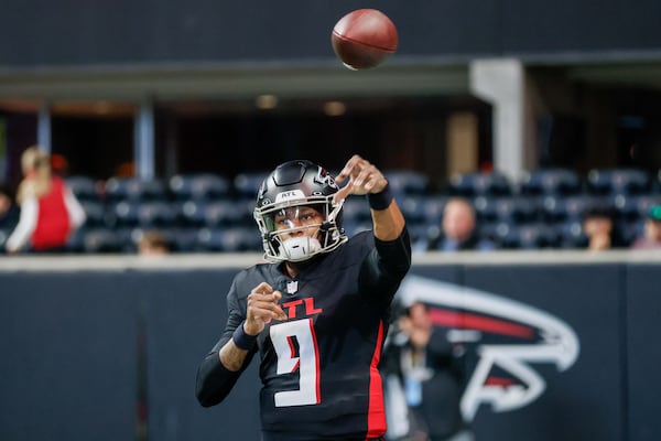 Falcons quarterback Michael Penix Jr. (9) throws the ball during warm-ups before the Atlanta Falcons and Caroline Panthers on Sunday, January 5, 2025, at Mercedes-Benz Stadium in Atlanta. 
(Miguel Martinez/ AJC)