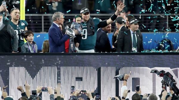 NBC personality Dan Patrick interviews Nick Foles of the Philadelphia Eagles as he is named Super Bowl MVP after they defeated the New England Patriots 41-33 in Super Bowl LII at U.S. Bank Stadium on Feb. 4, 2018 in Minneapolis.