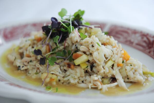 Chicken and Rice with mirepoix, toasted almonds, local apples, Carolina Gold rice and chicken jus. BECKY STEIN PHOTOGRAPHY