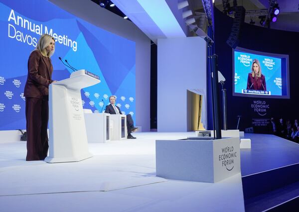 Ukrainian first lady Olena Zelenska, left, speaks last year at the World Economic Forum in Davos, Switzerland. (AP Photo/Markus Schreiber)