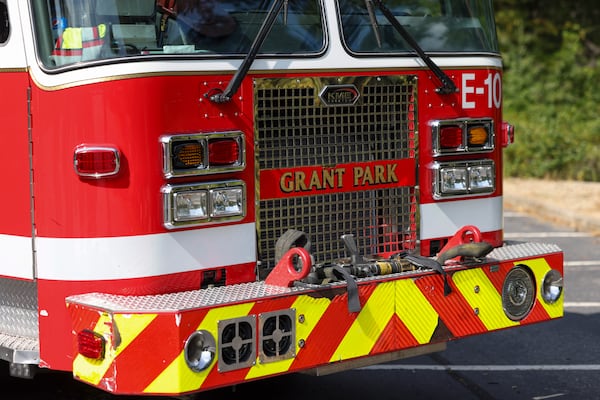 Atlanta Fire Department Engine with Company 10 out of Grant Park is shown at a live burn on the Georgia Tech campus, Wednesday, October 4, 2023, in Atlanta. The Atlanta Fire Rescue Department, in collaboration with Georgia Tech and he Fire Service Psychology Association Conference hosted an educational live burn. (Jason Getz / Jason.Getz@ajc.com)